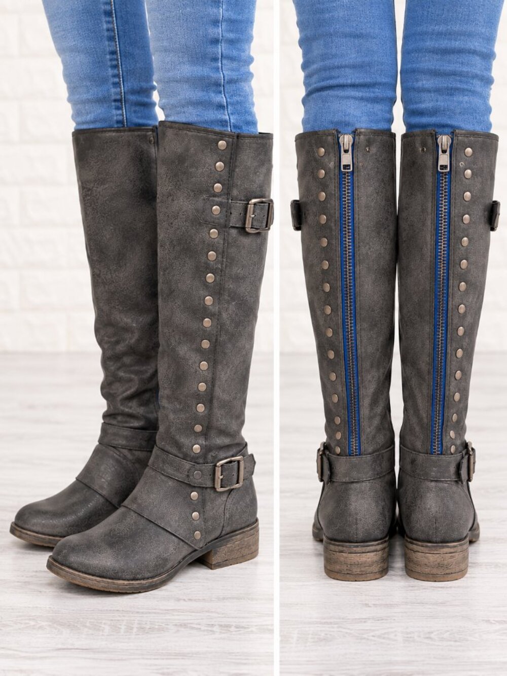BLOWFISH Malibu Grey Distressed Knee High Moto Riding Boots Studded Blue Zip 9